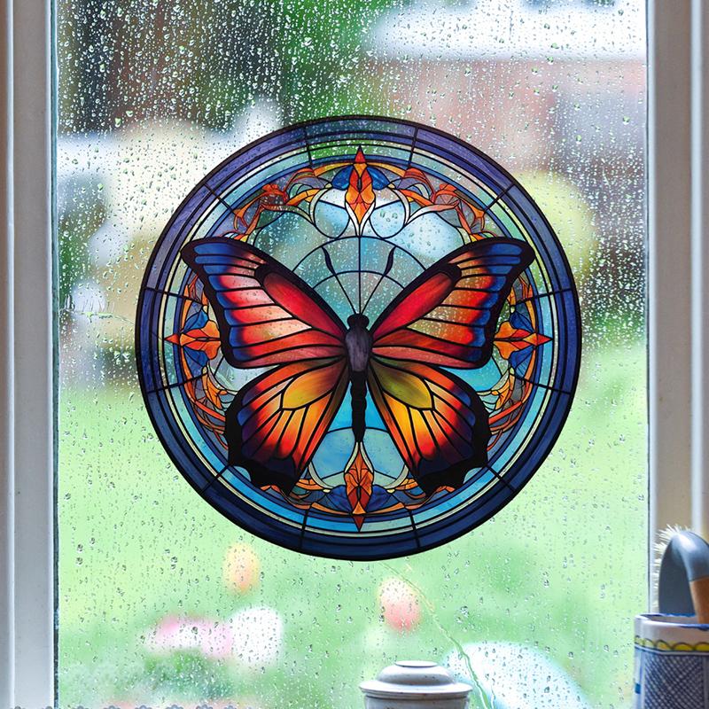 Retro Stained Hummingbird Butterfly Flower Film Window Glass Electrostatic Stickers Colorful