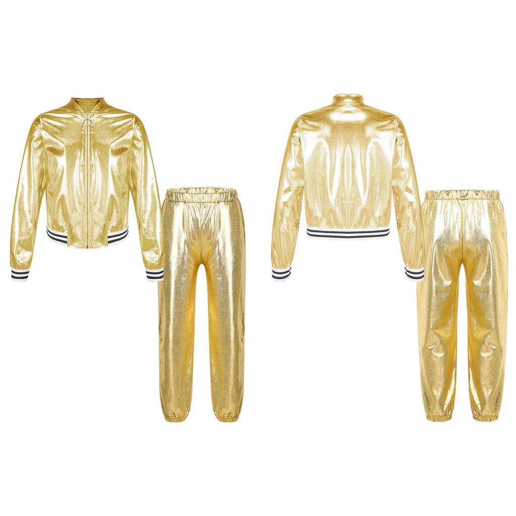 Kids Girls Metallic Long Sleeve Stand Collar Zipper Jacket with High Waist Pants for Sports Workout