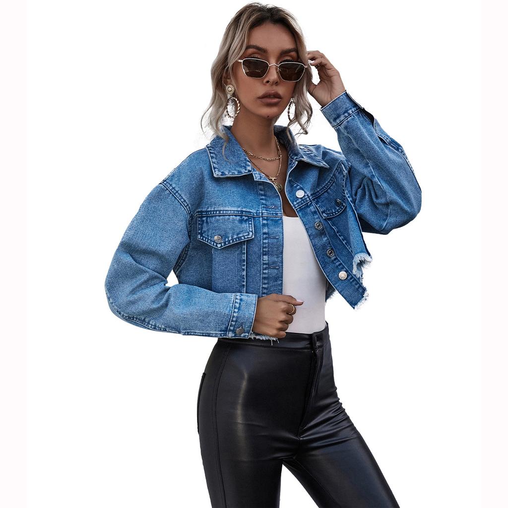 GMXIA Autumn Winter Long Sleeve POLO Neck Women's Fashion Loose Short Denim Jackets & Coats
