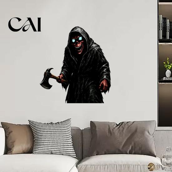 Spooky Demon Wall Stickers Halloween Reaper Sticker, Scary Black Robed with Ax Decal, Waterproof PVC Window Decals Art Decor for Home