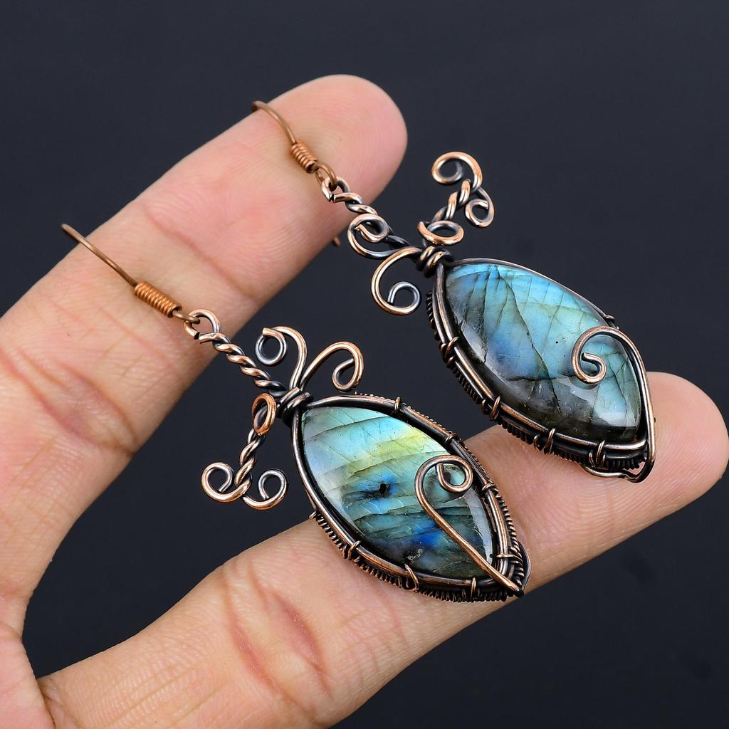 Labradorite 999 Copper Wire Wrapped Earrings, Handmade Gemstone Earrings Jewelry, Gifts For Wife Brand New Earrings