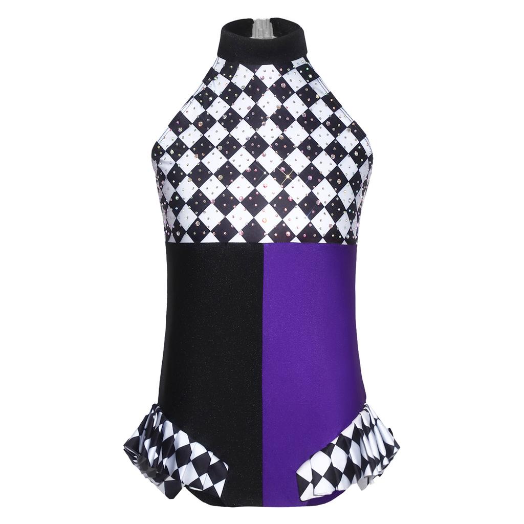Girls Clown Costume Sparkly Rhinestones Jumpsuit Halter Sleeveless Plaid Pattern Ruffled Trim Bodysuit