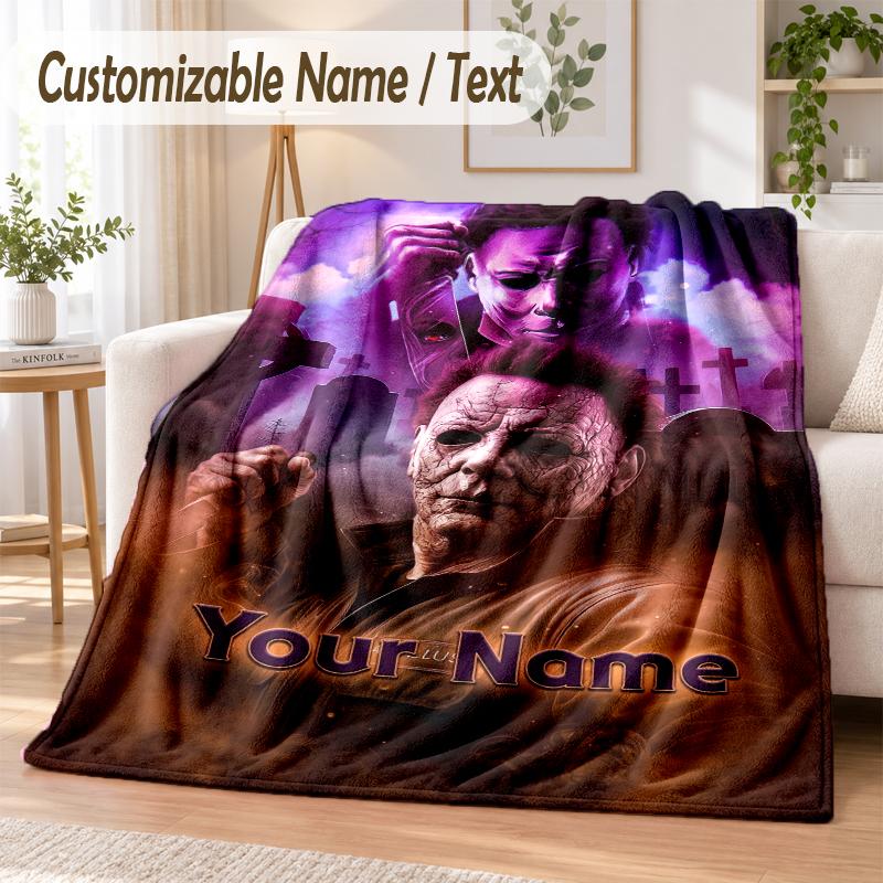 Halloween Michael Myers Custom Name Flannel Throw Blanket Soft Warm for Sofa Bed Indoor Home Use