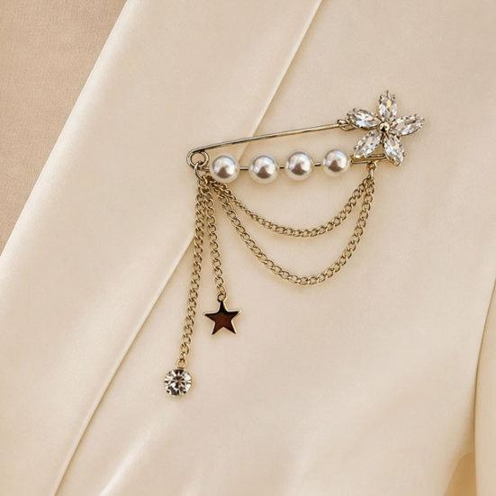 jijijing Brooch Pin for Women, Lapel with Star Rhinestone Faux Pearl Tassel Design, Multi-Layered Pendant Badge Neckline Cardigan Coat Decoration