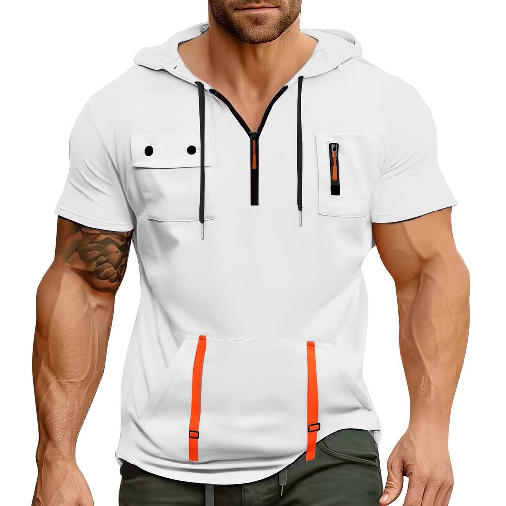 Men's Summer Shirt Zipper Pocket Short Sleeve Hooded Sweatshirt Men's Sports Large Size Casual Sweatshirt