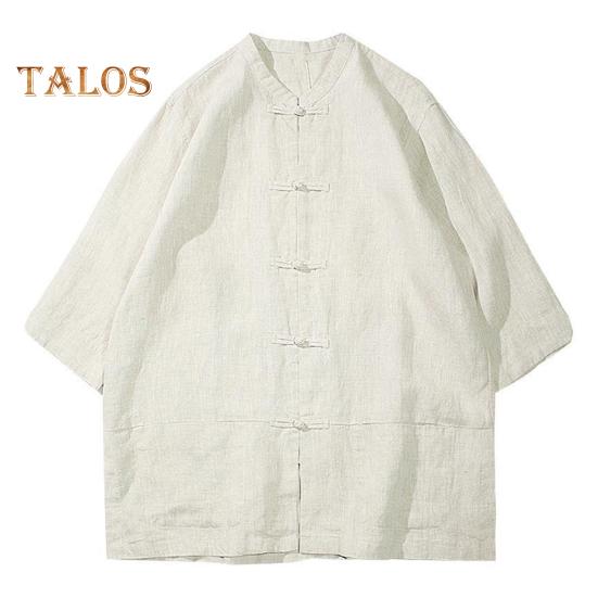 Мужская рубашка в китайском стиле, свободная рубашка в стиле ретро на пуговицах с карманами, хлопковая льняная дышащая летняя рубашка для уличных вечеринок и путешествий