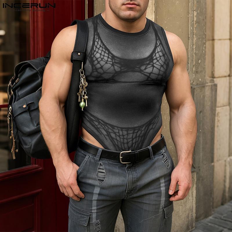 INCERUN Men Underwear Jumpsuits Sleeveless Print Fitted Romper Bodysuits