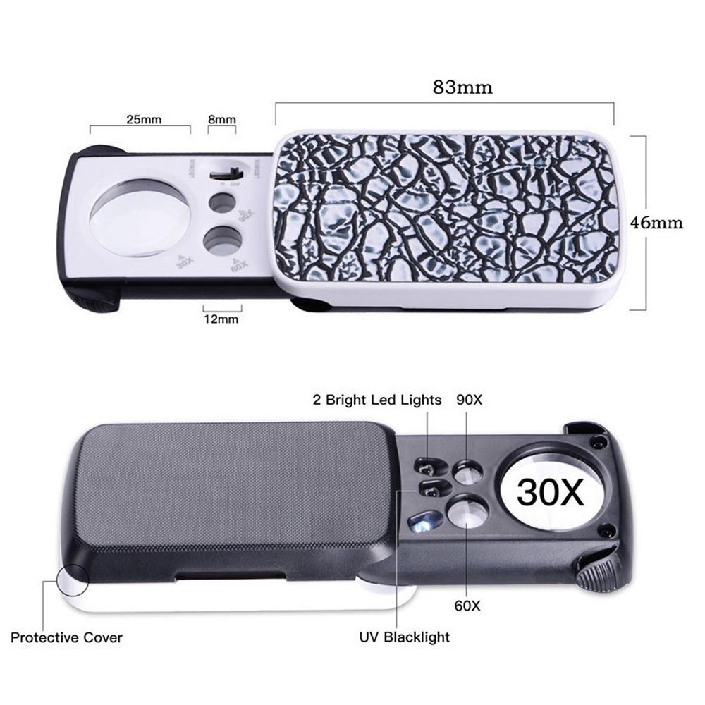 Portable Triplex Magnification Jewelry Loupe 30X-90X-Slide-Out LED/UV Lighted Jewelers Loupes Magnifier for Precision Gemology