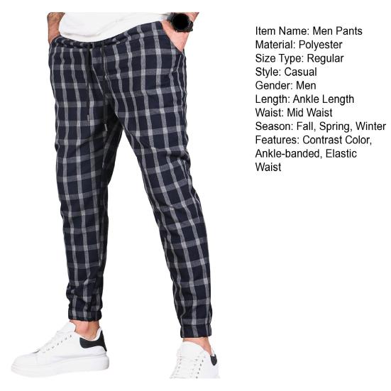 Men Pants Color Matching Plaid Print Drawstring Elastic Waist Ankle-banded Pockets Mid Waist Soft Casual Breathable Sports Jogging Trousers