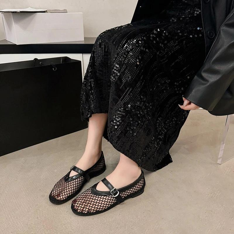 Fashion Summer, Wear Round Toe, Straight Buckles, Casual and Comfortable, Women's Flats, Cut-out Mary Jane Single Shoes,fishnet Shoes