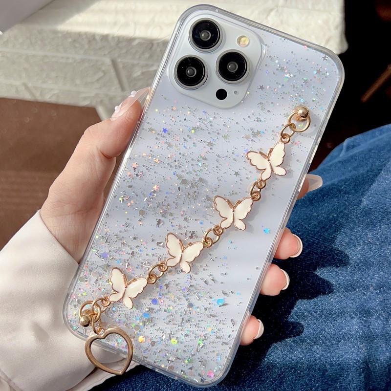 Прозрачный чехол из смолы с блестками для iPhone 17 Pro Max с браслетом, дизайн с прозрачным бантиком