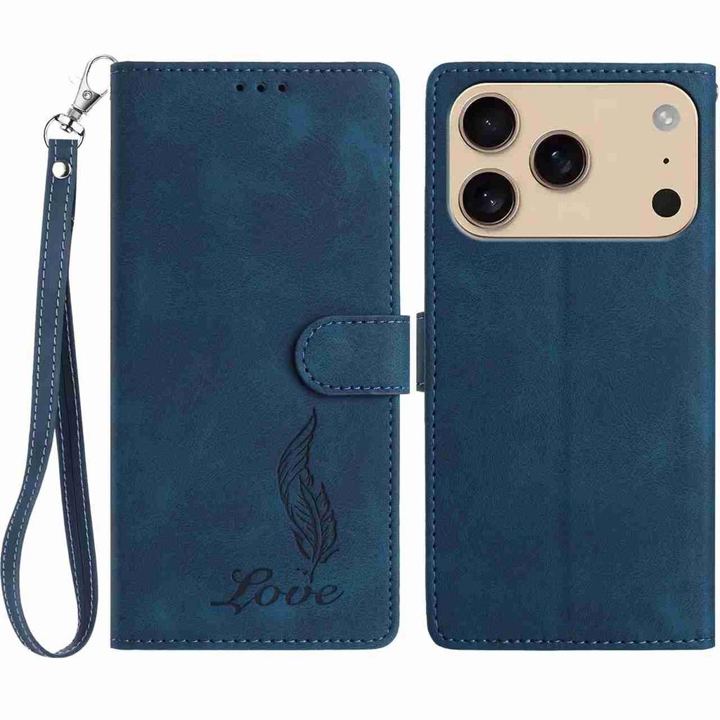 For iPhone 17 Pro Case Imprinted Feather PU Leather Wallet Phone Cover with Wrist Strap