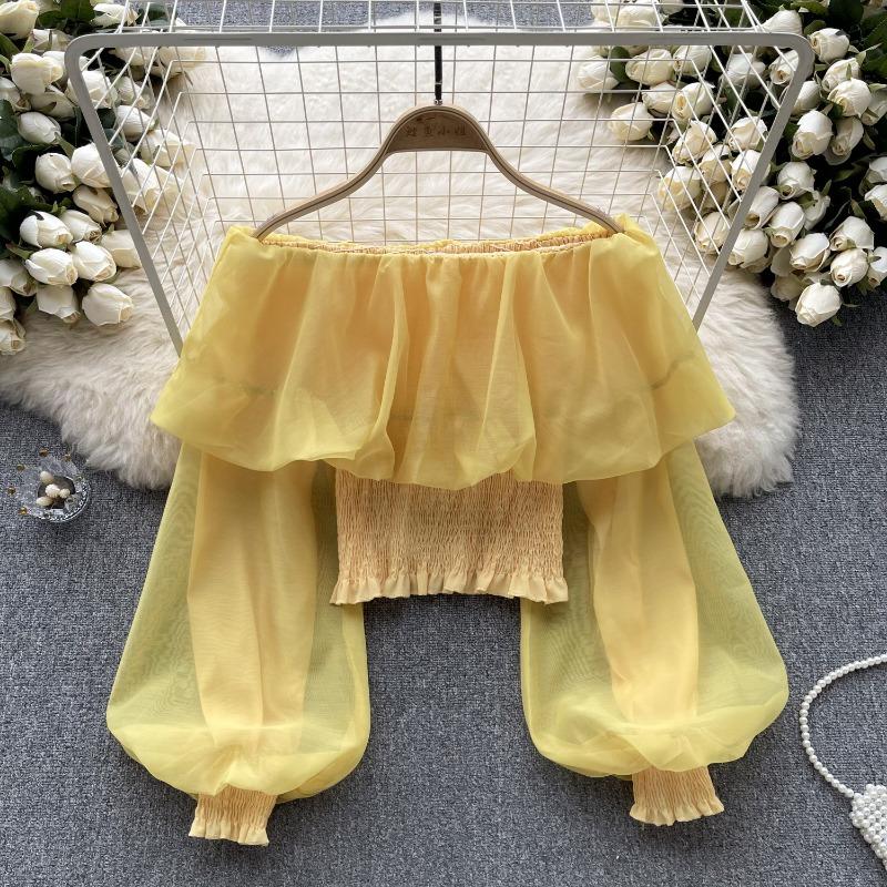 Летние сексуальные рубашки с открытыми плечами и оборками, женские Y2k, милые сетчатые блузки с длинными рукавами, корейские Kpop, облегающие Blusas Mujer