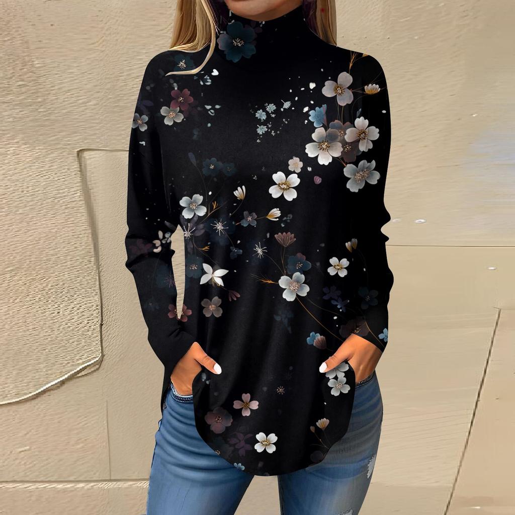 Женская модная повседневная футболка с длинным рукавом с высоким воротом и принтом, пуловер, топ
