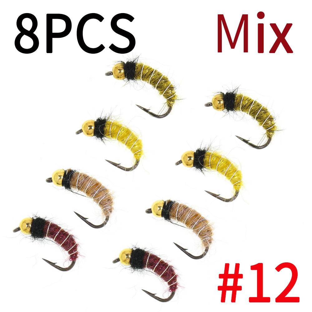 6/8 шт. 2 размеров Нимфа личинки ручейника с головкой из бусинки Реалистичный жук-бокоплав Червь для ловли форели и хариуса (Крючок с бородкой, Быстро тонущий)