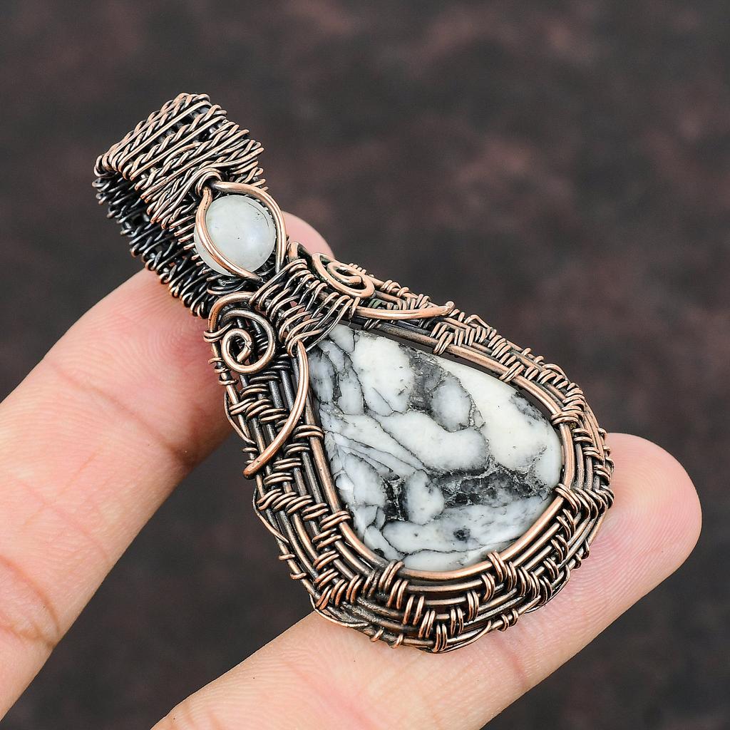 Подвеска из яшмы Pinolith, медная проволока, обернутая драгоценным камнем, дизайнерская подвеска ручной работы, радужный лунный камень, ювелирное украшение в подарок для нее, медные украшения