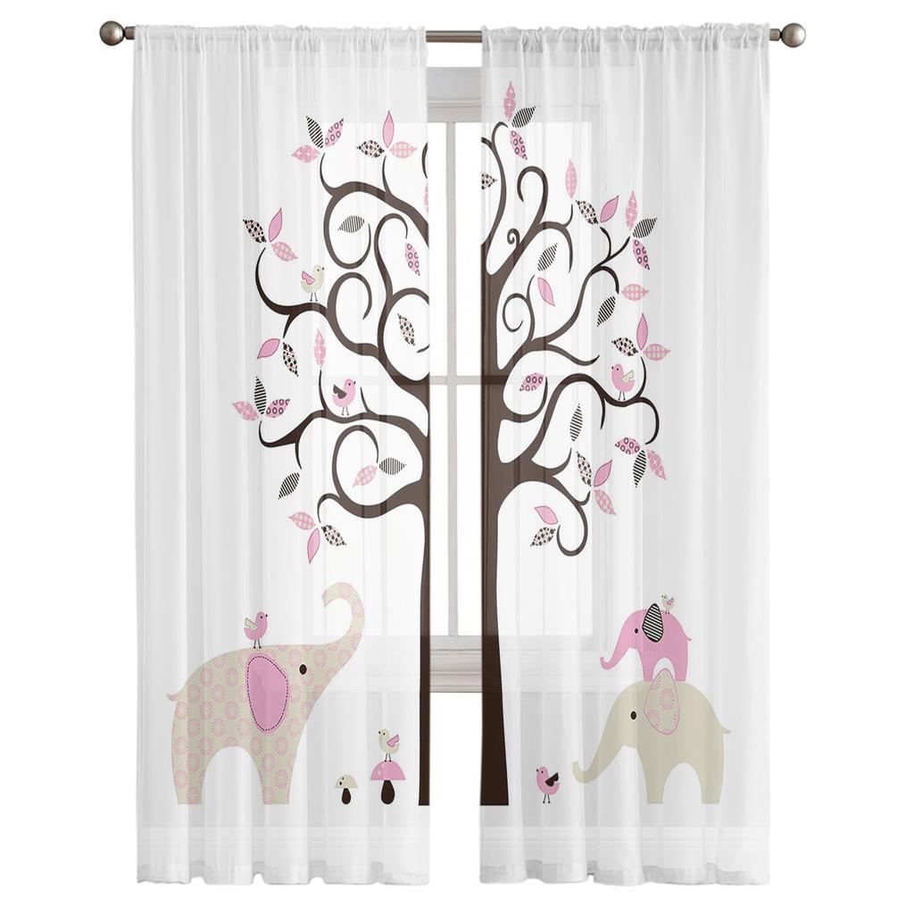 Тюлевые шторы с изображением деревьев и слонов для гостиной, кухни, прозрачная вуаль, занавеска для спальни, оконные панели