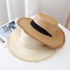 Hairy Woven Straw Hat Sun Hat Summer Flat Top Ribbon Tied Vacation Sun Hat Beach