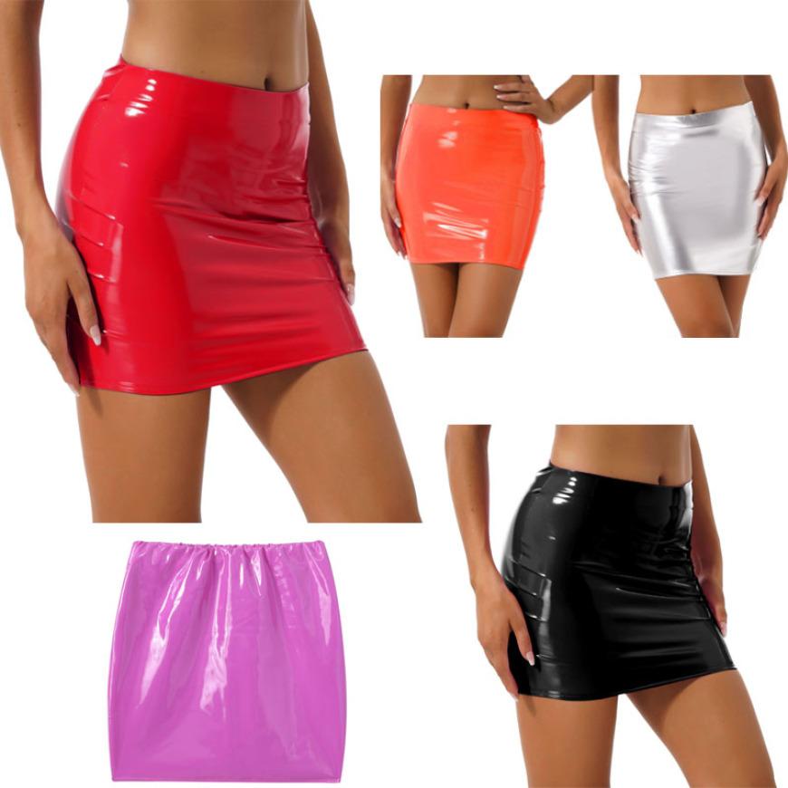 Women Sexy Skirts Glossy Patent Leather Miniskirt Solid Color Elastic Waistband Pencil Skirt Shiny Wet Look Latex Skirt Clubwear