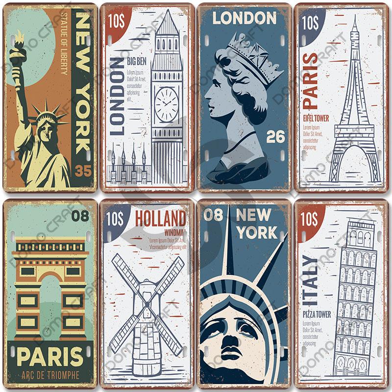 National Landmark Poster Car License Plate Retro France New York Australia Metal Tin Signs Wall Decor Garage Car Club