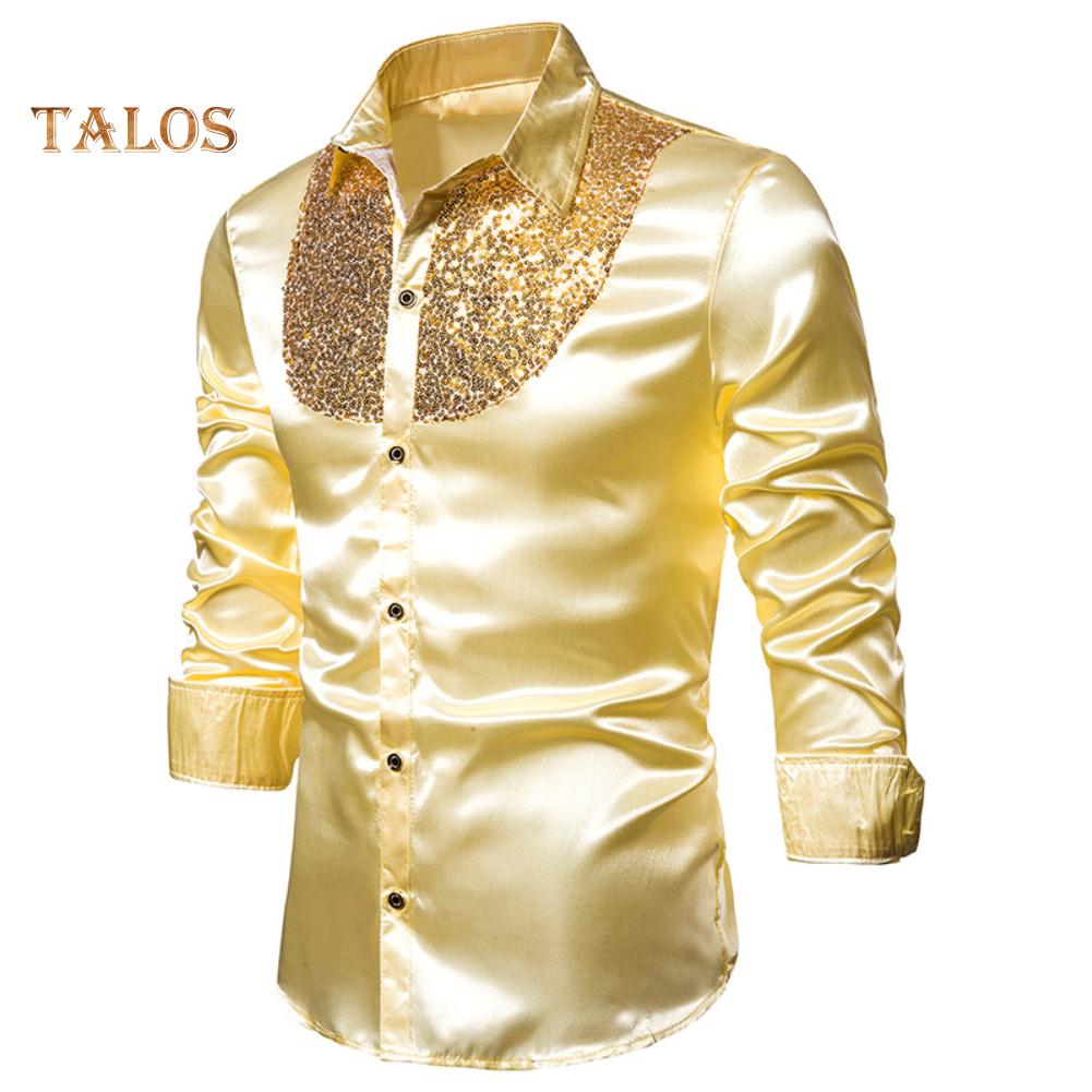 Men Solid Color Long Sleeve Shiny Sequins Buttons Stage Business Nightchlub Shirt