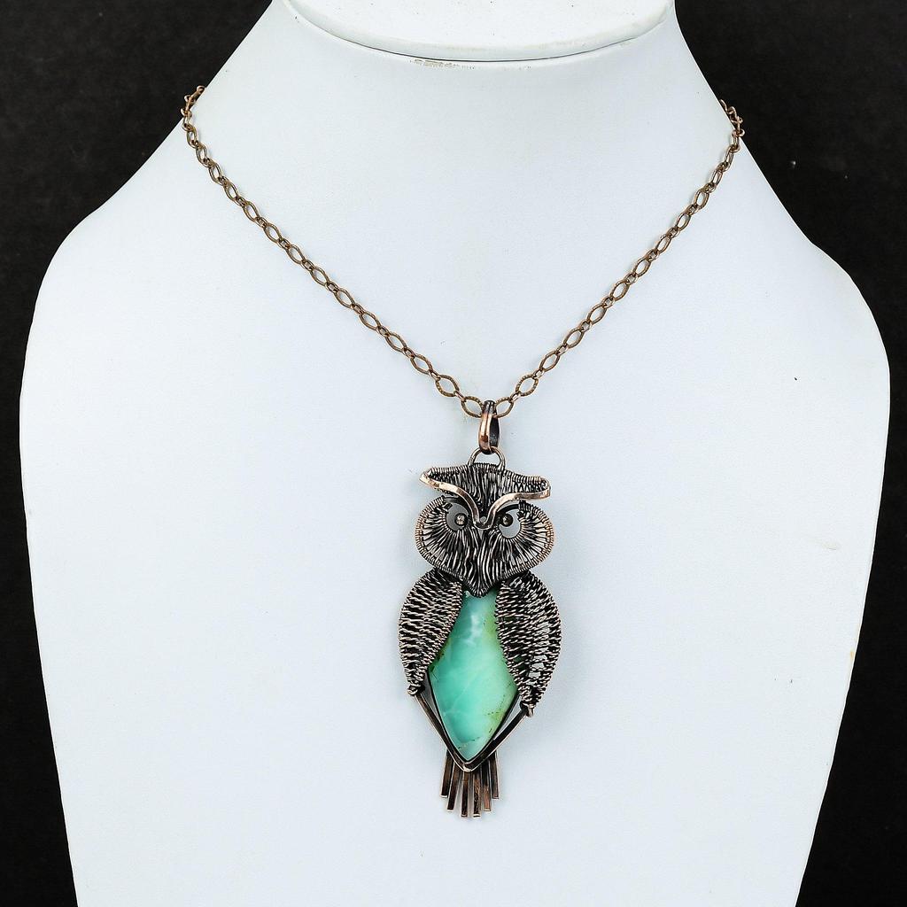 Кулон с хризопразом, медная проволока, кулон, драгоценный камень, кулон в виде совы, медная подвеска ручной работы, дизайнерский кулон, ювелирный подарок для него
