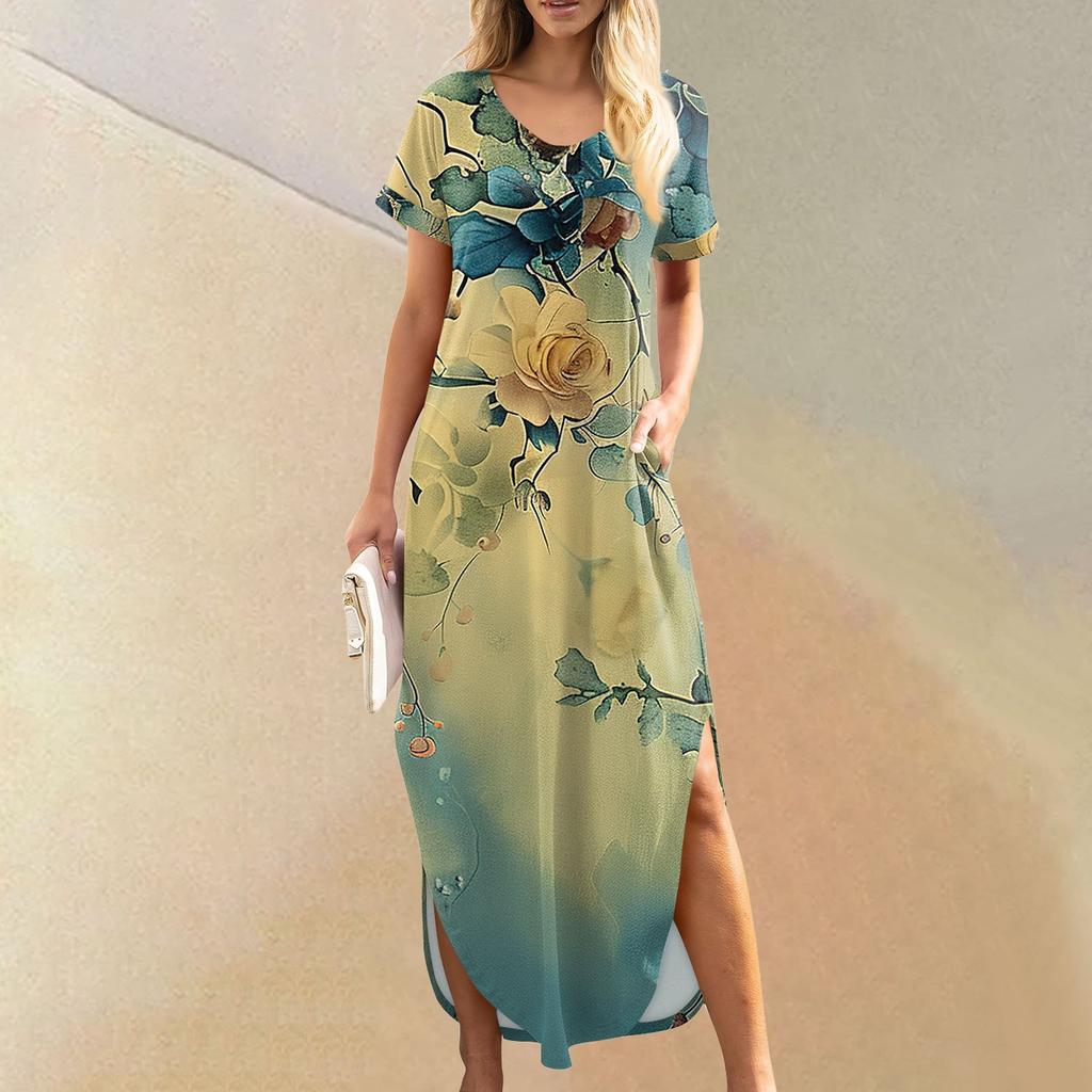 Women Summer Casual Loose  V Neck Short Sleeve Beach Maxi Long Dresses Trendy Outfits