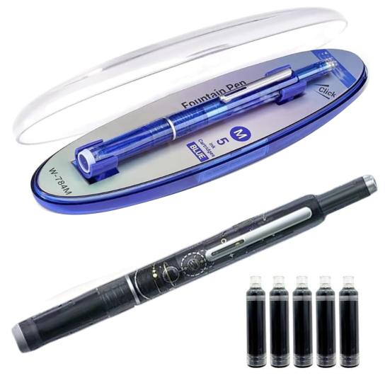 Retractable Fountain Pen Fine Nib Set 0.38mm Black/Blue Ink Transparent Barrel Pen with 5 Refillable Ink Cartridges for Sketching Journaling
