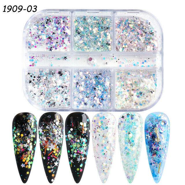 6 сеток/коробка Украшения для ногтей Блестки для ногтей Пудра Блестки Хлопья Аксессуары для ногтей