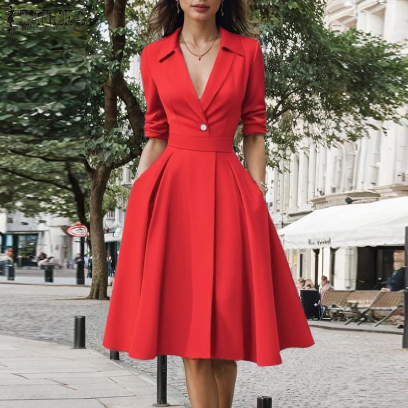 ZANZEA Женские винтажные платья с воротником и коротким рукавом