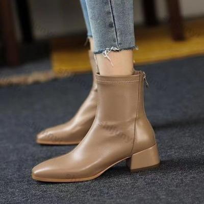 Зимние женские ботинки, новые короткие ботинки с квадратным носком и высоким каблуком 2024 года, осенне-зимние нескользящие ботинки для активного отдыха в стиле ретро на молнии с челси