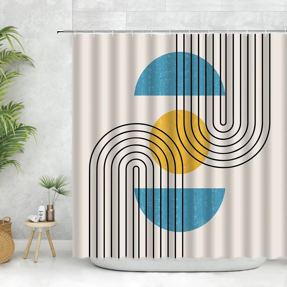 unframed Abstract Neutral Leaves Simple Bathroom Shower Curtain Mid Century Sun Minimalist Modern Polyester Fabric Decor Bathr
