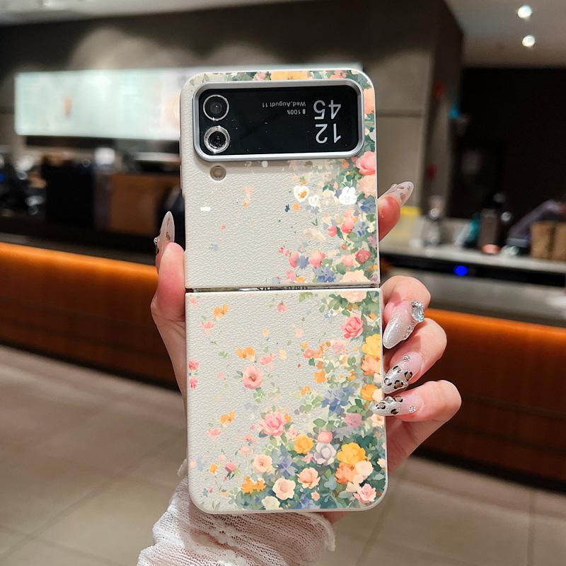 Garden Flower Case For Samsung Galaxy Z Flip 6 5 4 3 Capa Leather Texture Silicone Folding Cover For Samsung Z Flip6 Flip5 Flip4