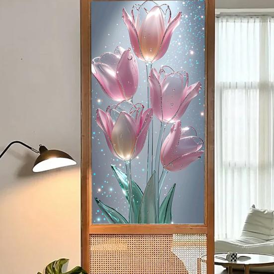 Flowers Window Privacy Film Stained Glass Tulip Butterfly Window Cling Static Glass Sticker for Home Kitchen Office