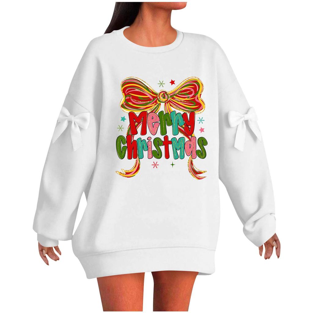 Ladies' Christmas Printed Bow Round Neck Long Sleeved Loose Pullover Sweater Sweatshirt Top