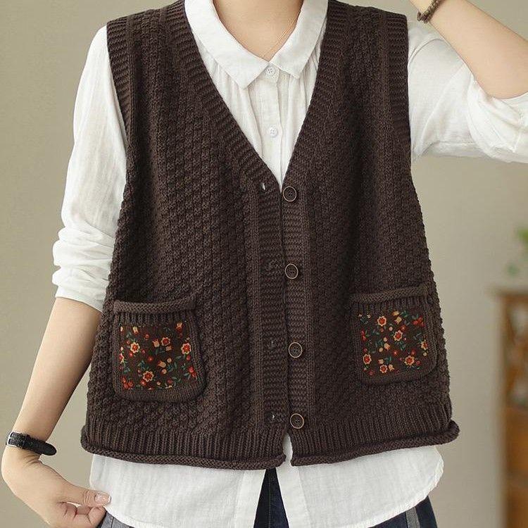 Женский вязаный жилет-кардиган из хлопка с цветочным накладным карманом, свободный и утягивающий, осенний повседневный с V-образным вырезом, без рукавов