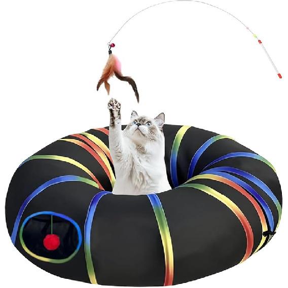 LUCKITTY Cat Tunnels Tube Toy with Plush Ball & Cat Wand Feather Toys-Portable Tattaff Waterproof Washable-Interesting Geometric Pattern