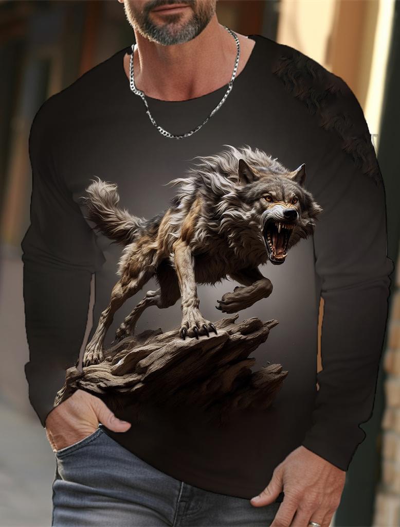 2024 New Men's Long-sleeved T-shirt 3d Printed High-definition Wolf Animal Print Men's Autumn Tops Casual Round Neck T-shirt