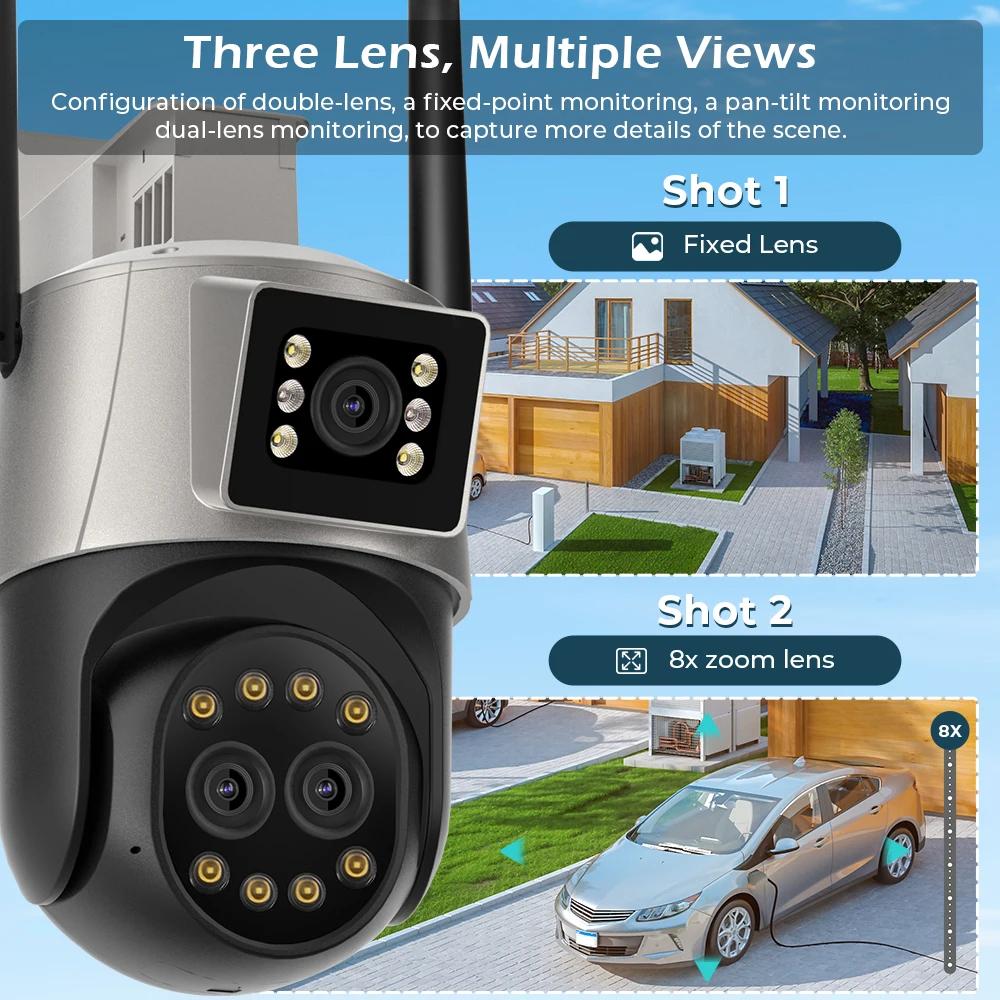LS VISION 8MP 4K IP Camera Wifi Outdoor Camera Three Lens 8X Zoom Ai Human Detect Auto Tracking Wifi Survalance Camera Onvif Support iCSee