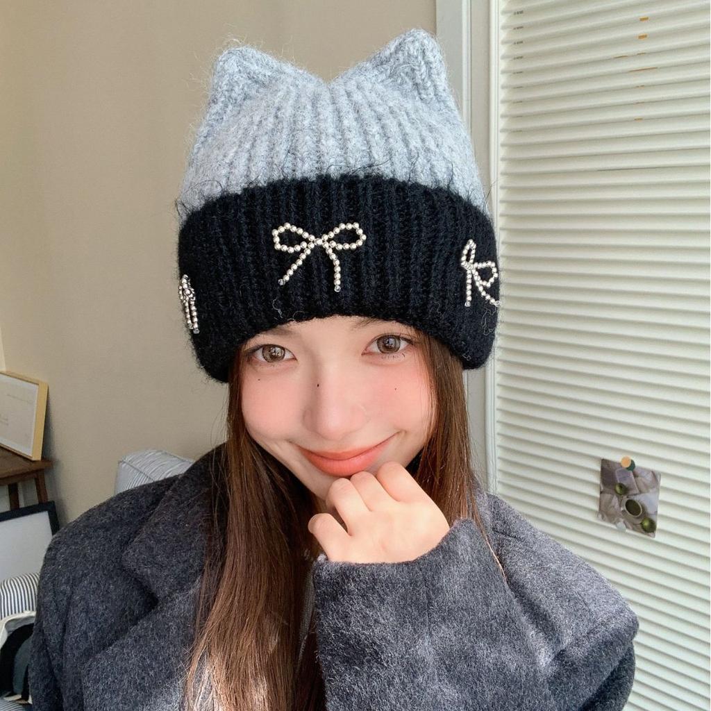 New autumn and winter wool hat female cute cat ears bow warm thickened cold ear protection knitted hat