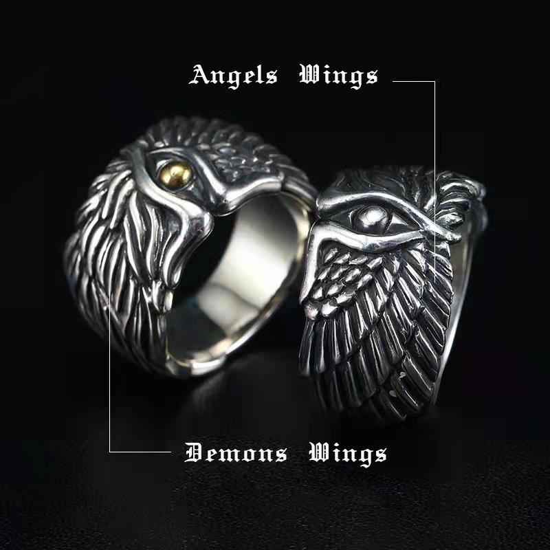 Кольцо в стиле ретро с крыльями ангела-демона для мужчин, серебряное, панк-готическое, открытое кольцо, ручная работа, рок-хип-хоп, унисекс, ювелирные изделия, аксессуары, подарок для мужчин