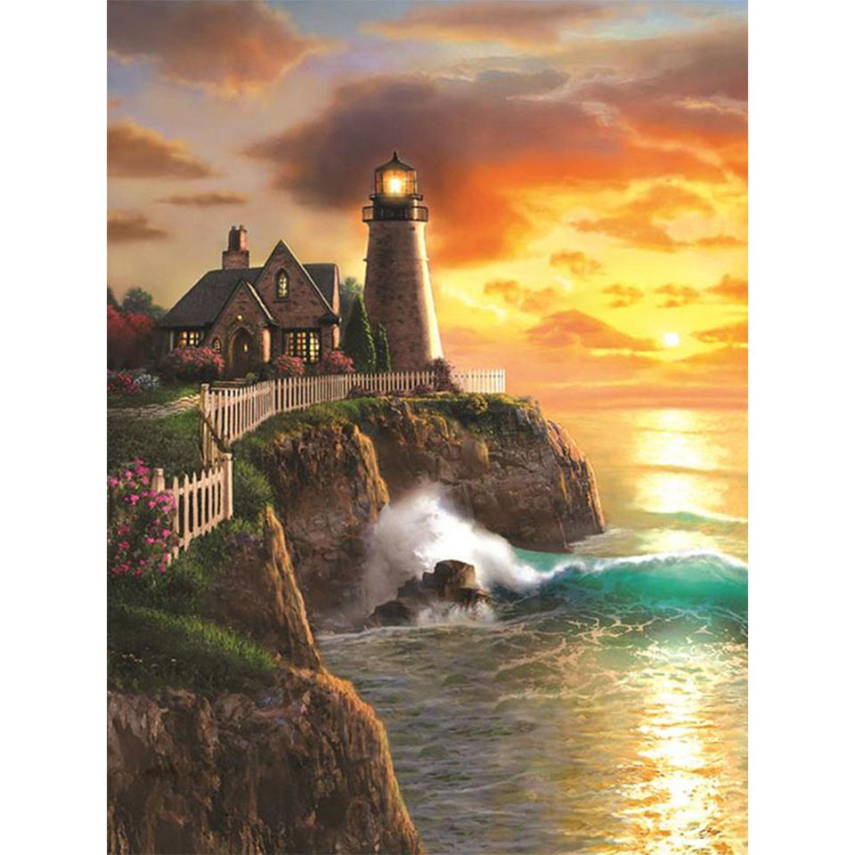 5D DIY Diamond Painting Landscape Rhinestone Cross Stitch Kit Diamond Embroidery Coastal Lighthouse Mosaic Picture Decoration