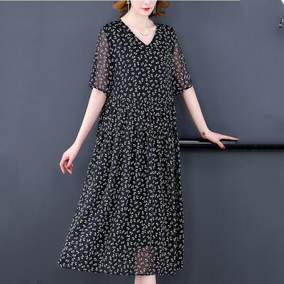 Винтажное женское черное платье с цветочным принтом, корейская мода, лето, новинка, большой размер, рукав три четверти, V-образный вырез, пуловер, повседневное женское платье-халат из марли