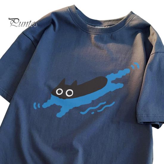 Повседневная футболка для пары с рисунком черной кошки, футболка с круглым вырезом, свободный летний топ для мужчин и женщин, домашняя спортивная одежда для улицы