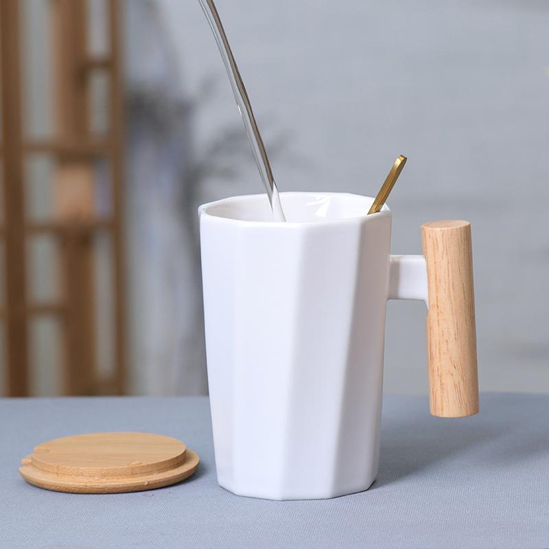 Nordic Wooden Handle Ceramic Mug Office Cup Creative Holiday Event Gift