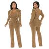 European & American Women's Sexy V-Neck Puff Sleeve Shiny Knit Jumpsuit