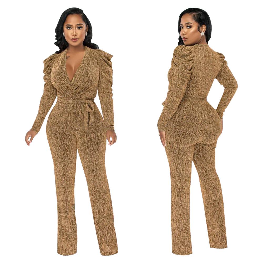 European & American Women's Sexy V-Neck Puff Sleeve Shiny Knit Jumpsuit