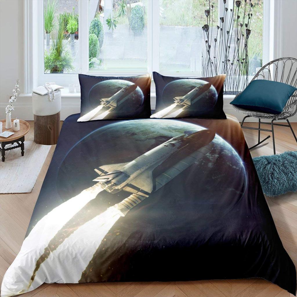 Комплект постельного белья «Ракета» King Size, комплект постельного белья «Космический корабль», микрофибра, космический корабль, звезды, планета, мультяшный стиль, пододеяльник