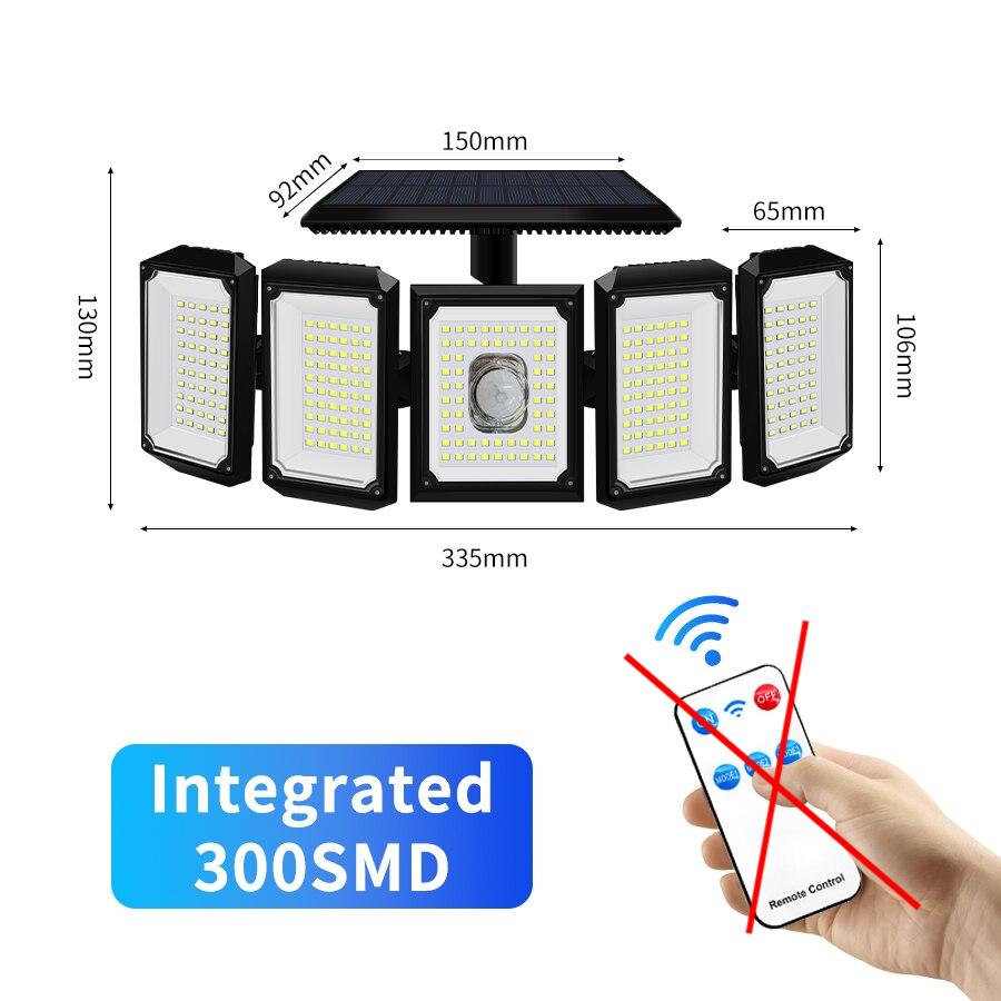5-головочный солнечный уличный светильник для двора, 300 светодиодов, датчик движения, настенный светильник, водонепроницаемый солнечный прожектор, регулируемый солнечный уличный фонарь