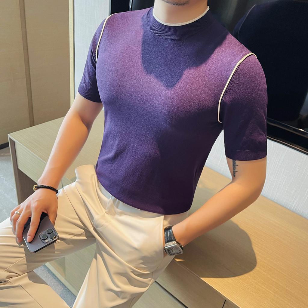 Летние мужские трикотажные футболки корейские элегантные с круглым вырезом и коротким рукавом мужские футболки облегающие повседневные пуловеры футболки Homme Plus Size